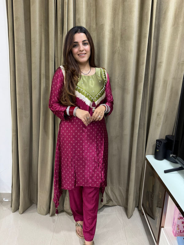Maroon Bandhej Fusion Kurta Set