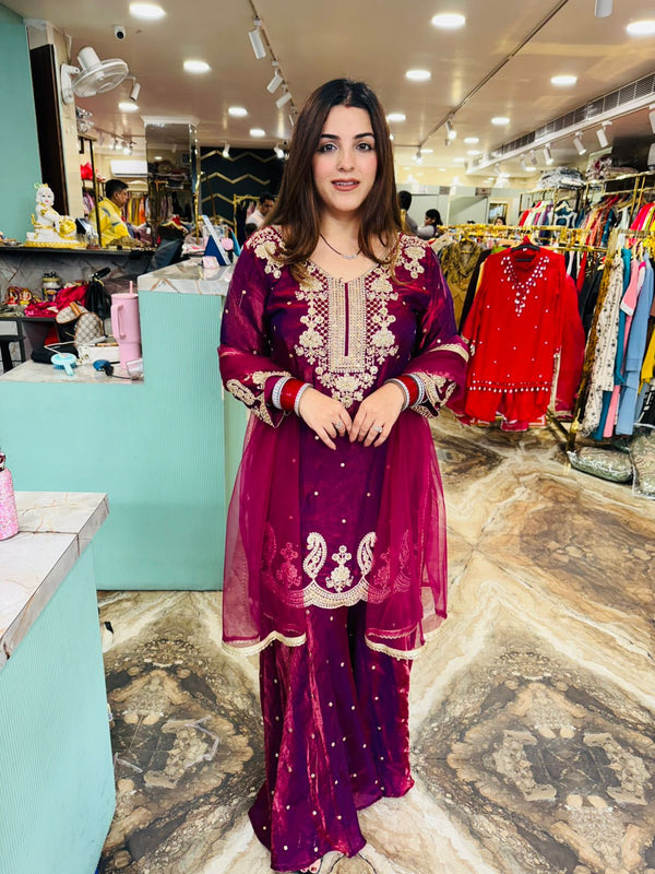 Wine  Embroidered Sharara Suit