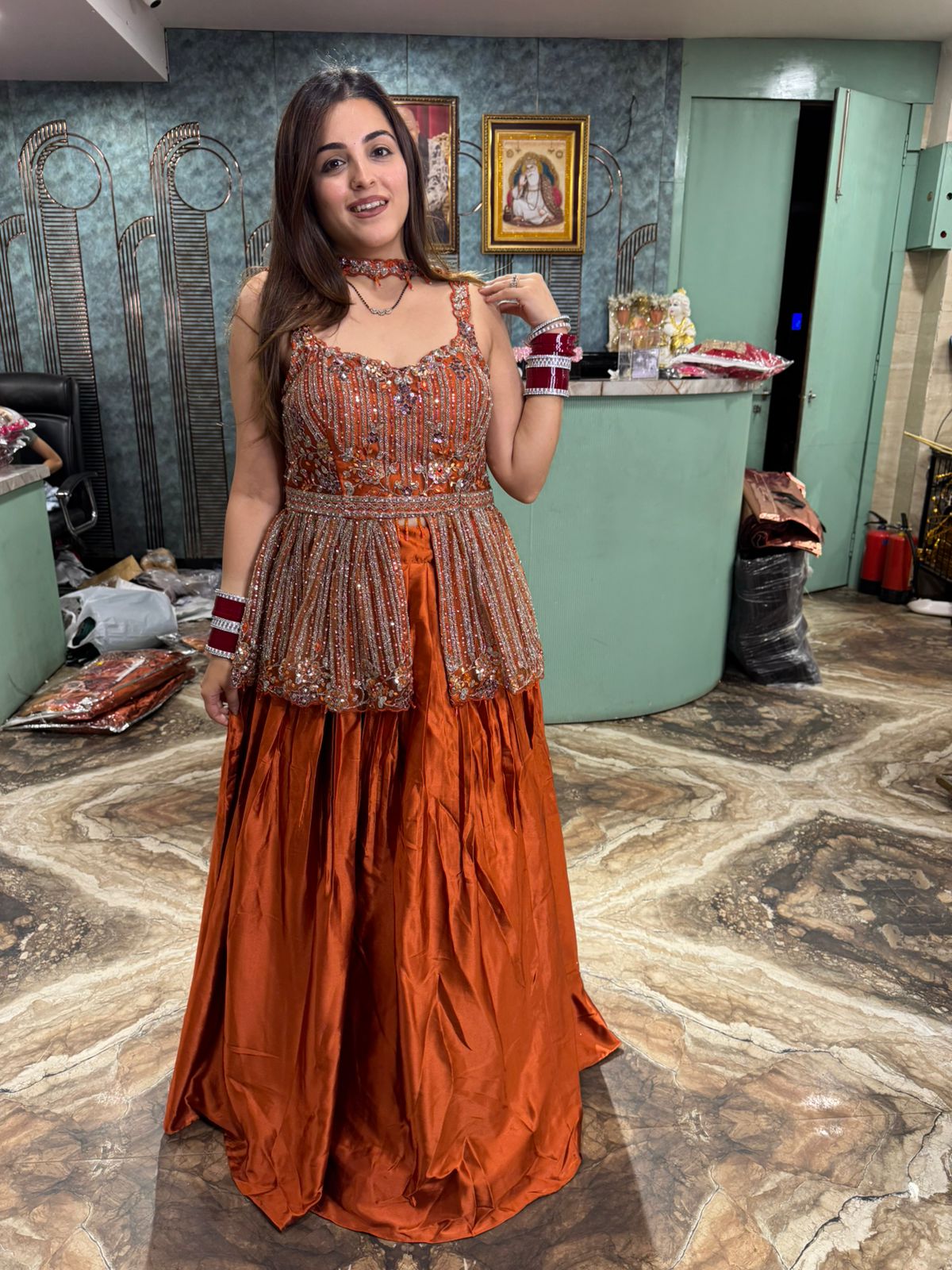 Rust Hand-Embellished Gown Set