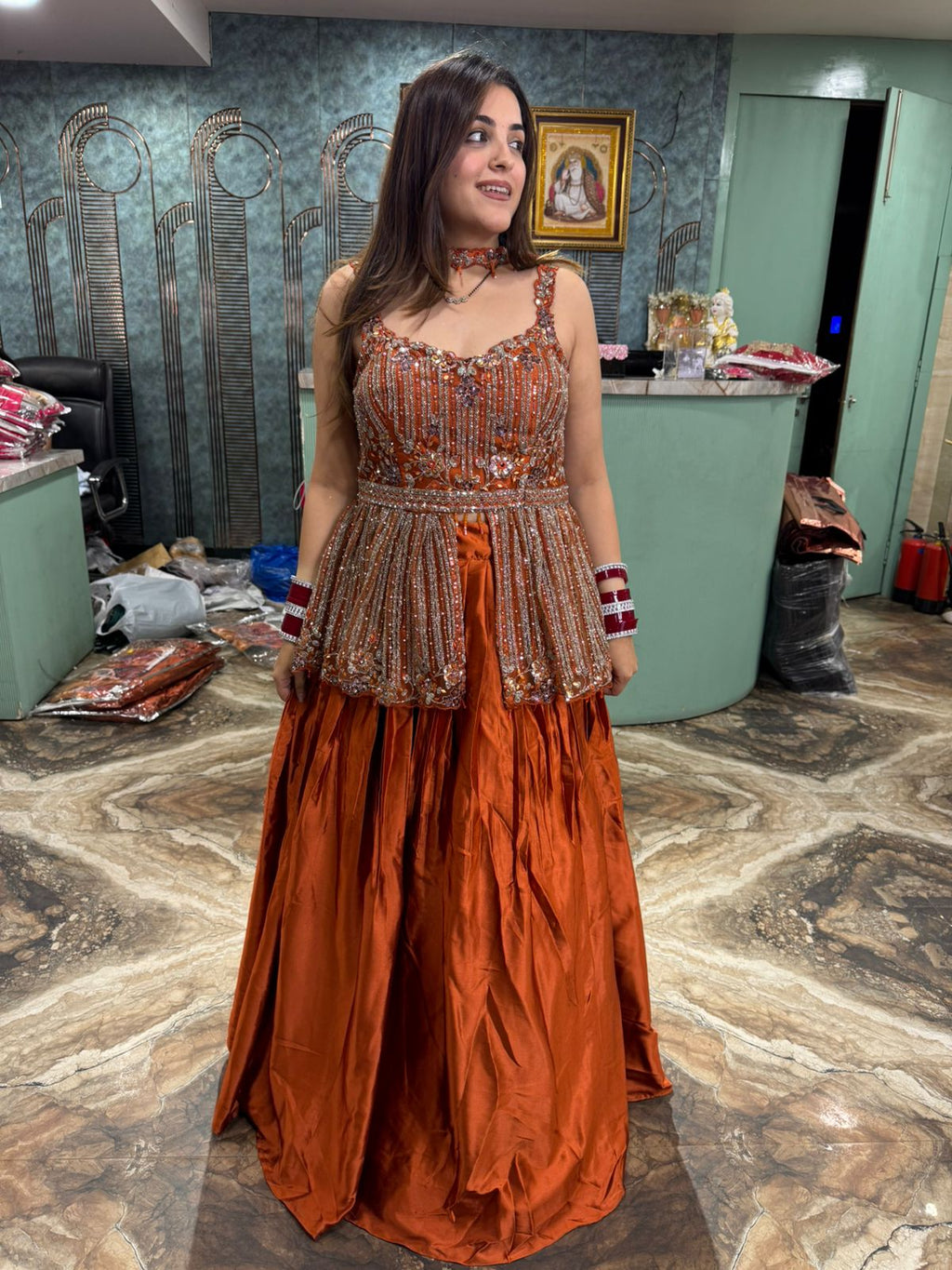 Rust Hand-Embellished Gown Set