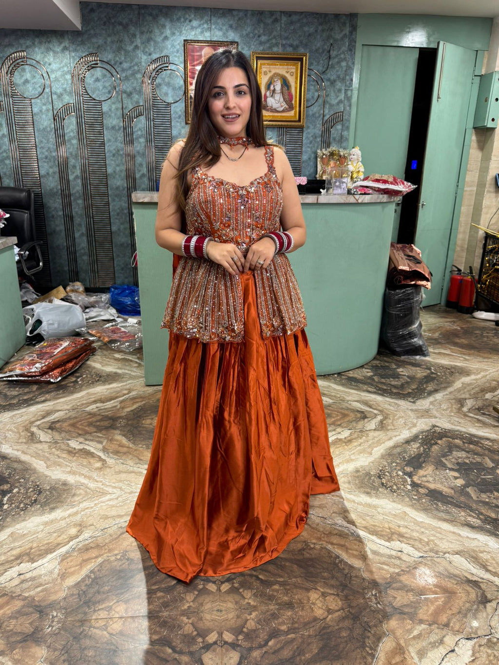 Rust Hand-Embellished Gown Set