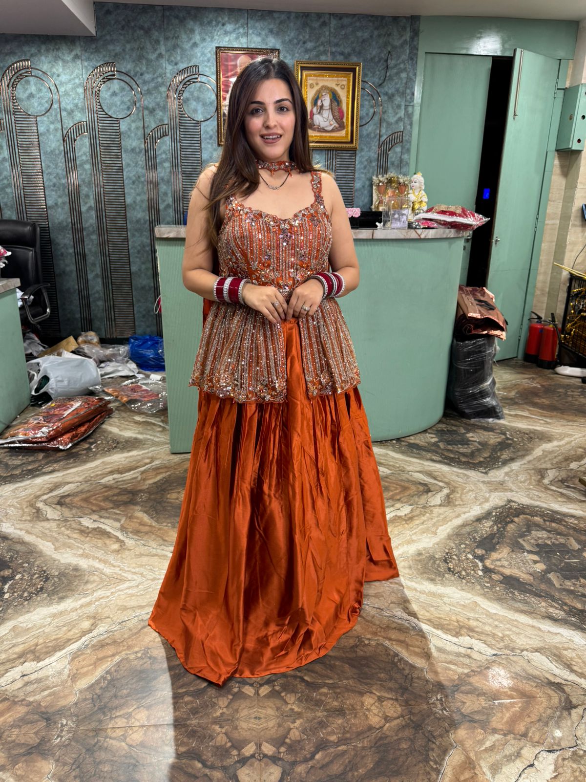 Rust Hand-Embellished Gown Set