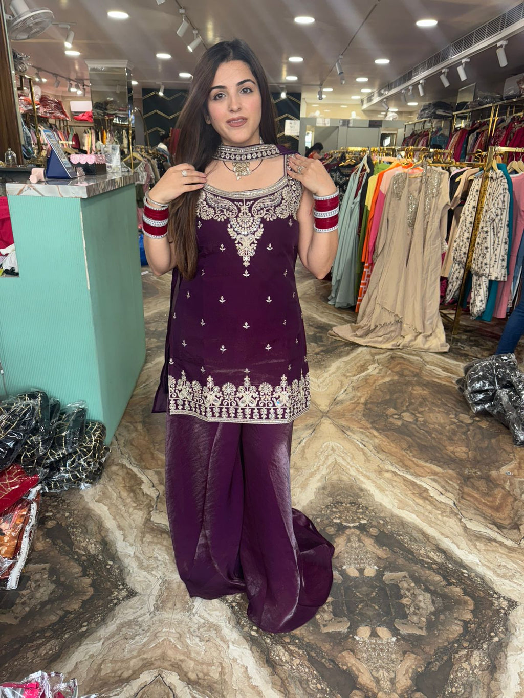 Red Embroidered Palazzo Suit Set