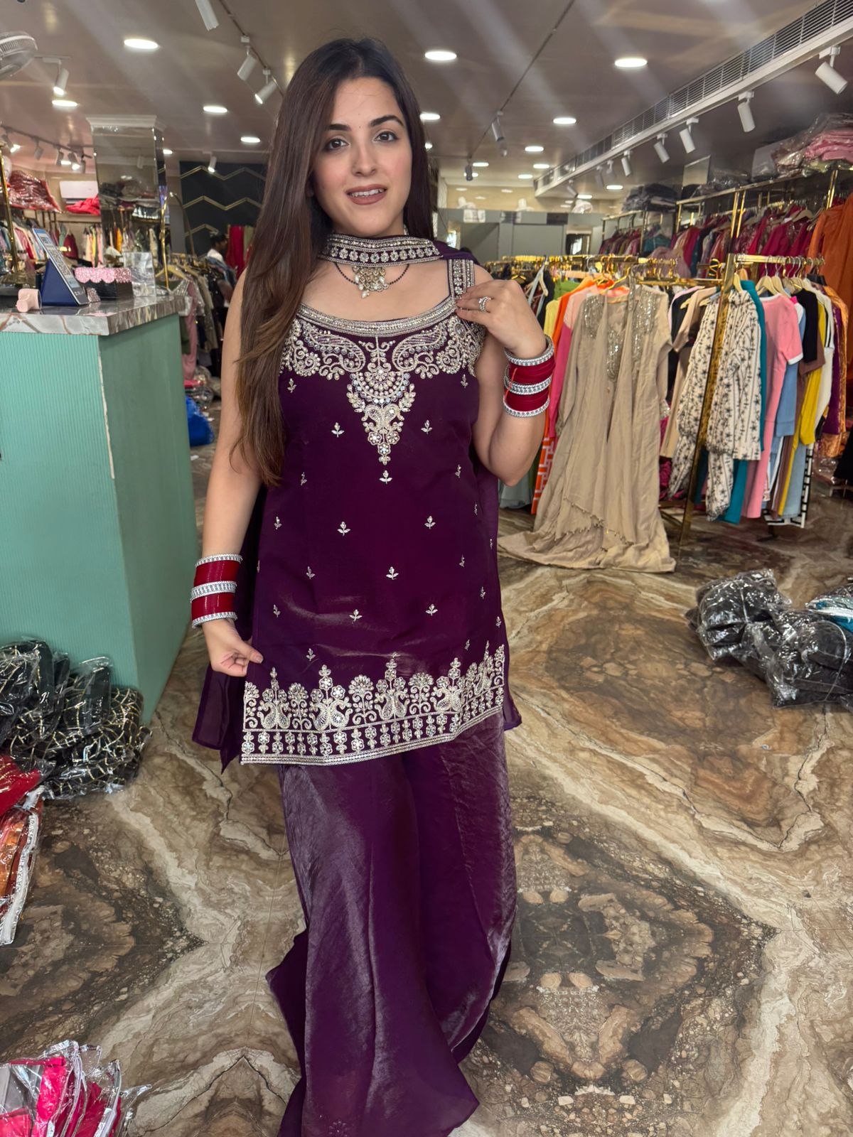 Red Embroidered Palazzo Suit Set