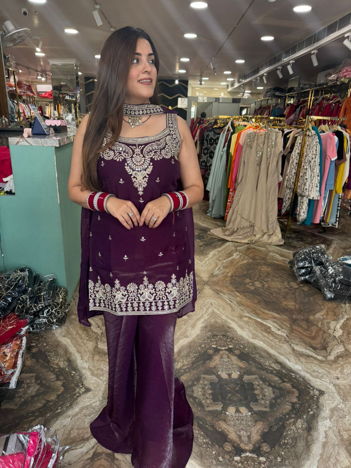 Red Embroidered Palazzo Suit Set