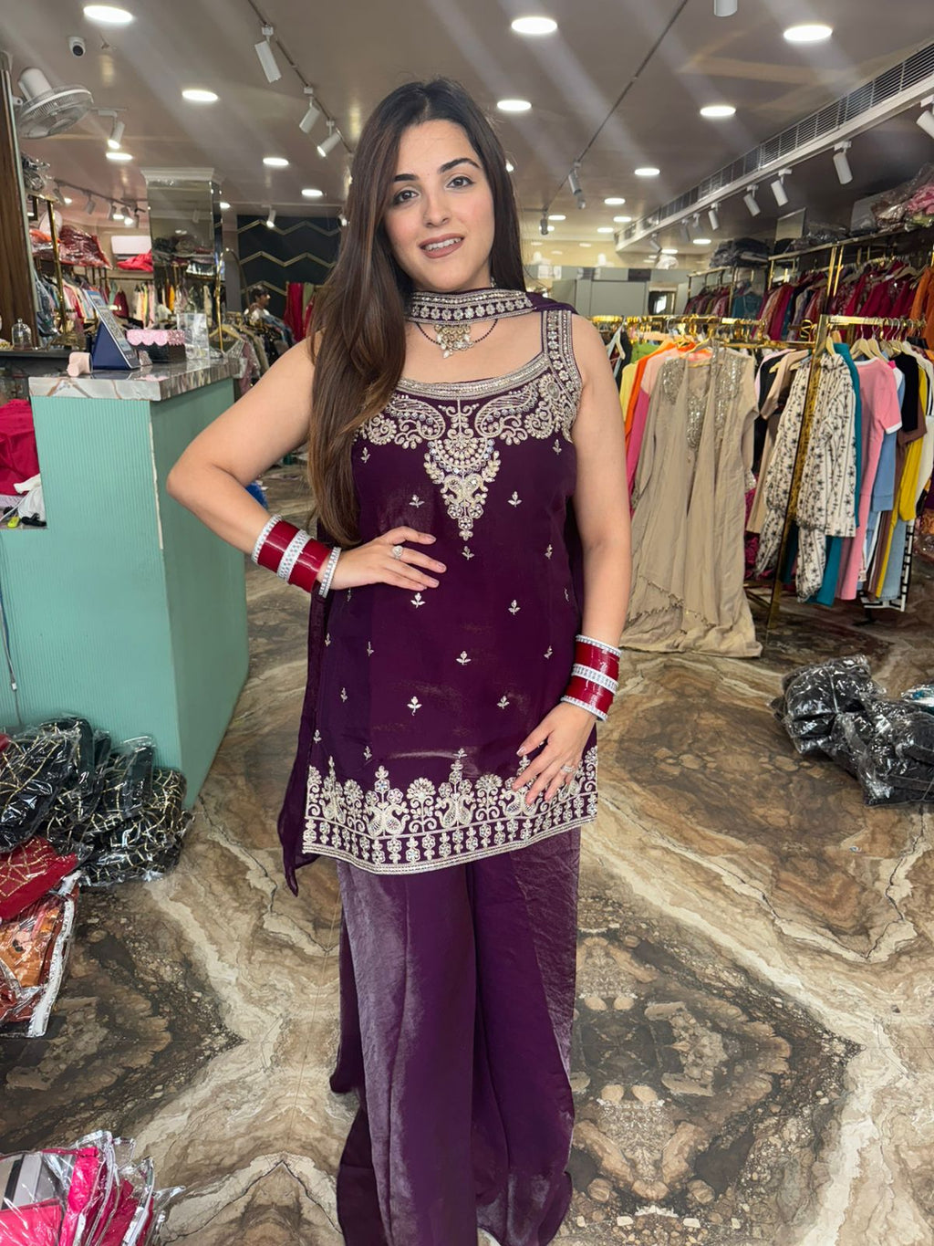 Red Embroidered Palazzo Suit Set