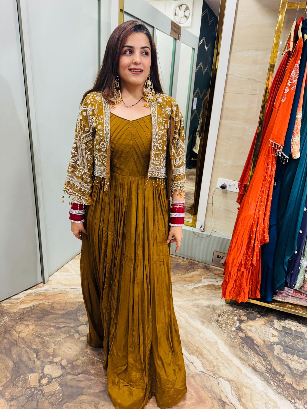 Antique Mustard Anarkali with Embroidered Jacket