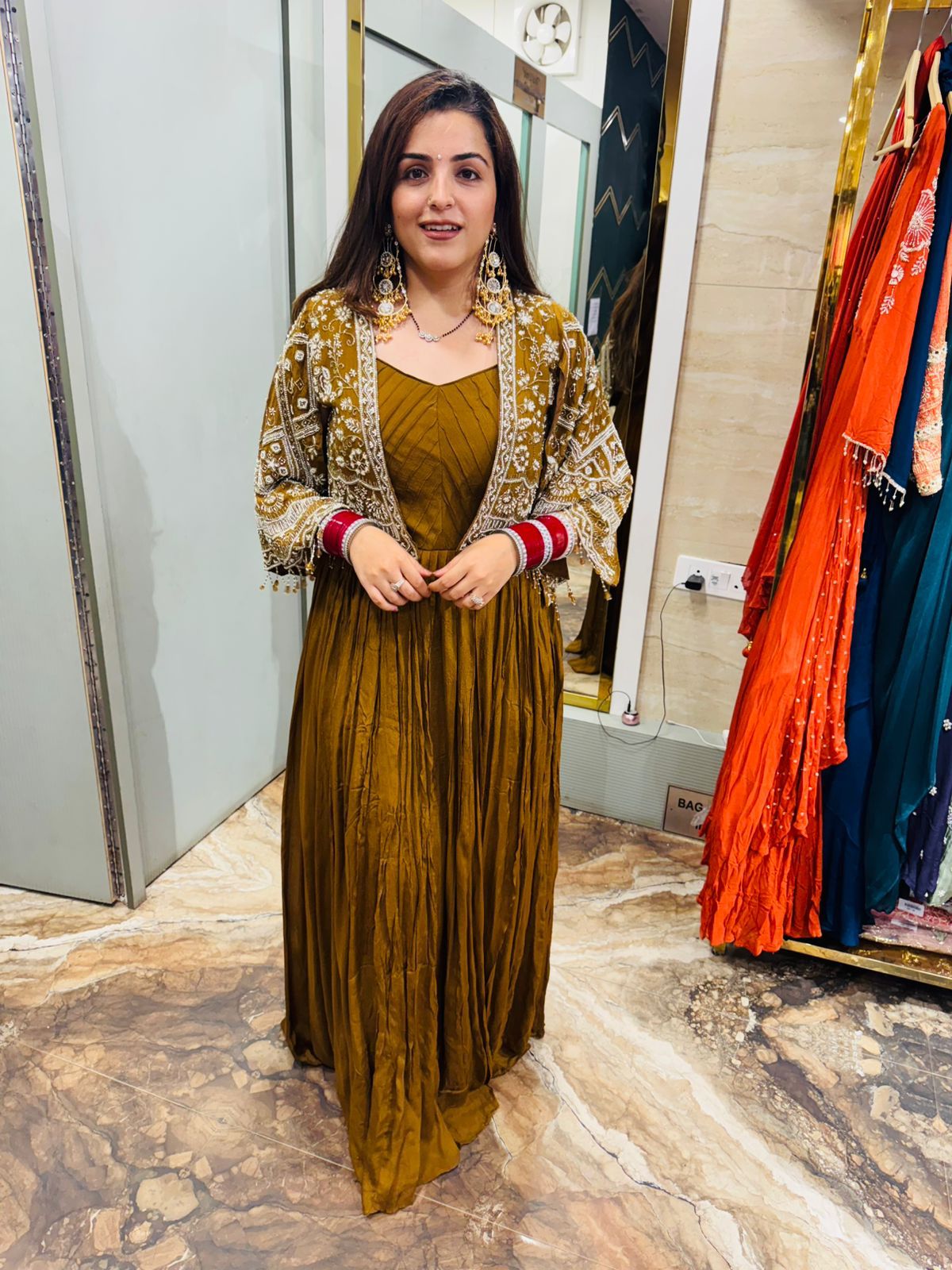 Antique Mustard Anarkali with Embroidered Jacket