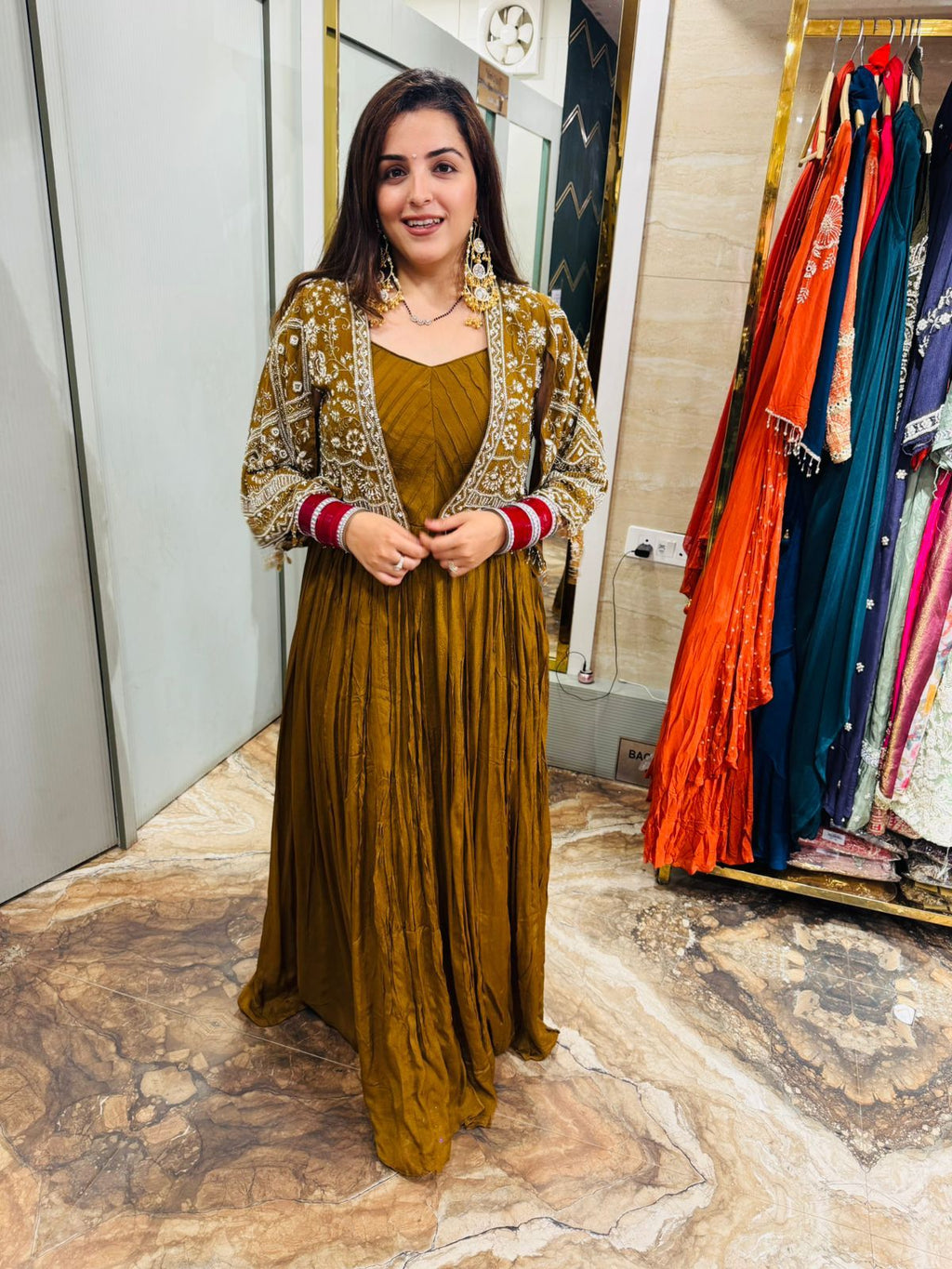 Antique Mustard Anarkali with Embroidered Jacket