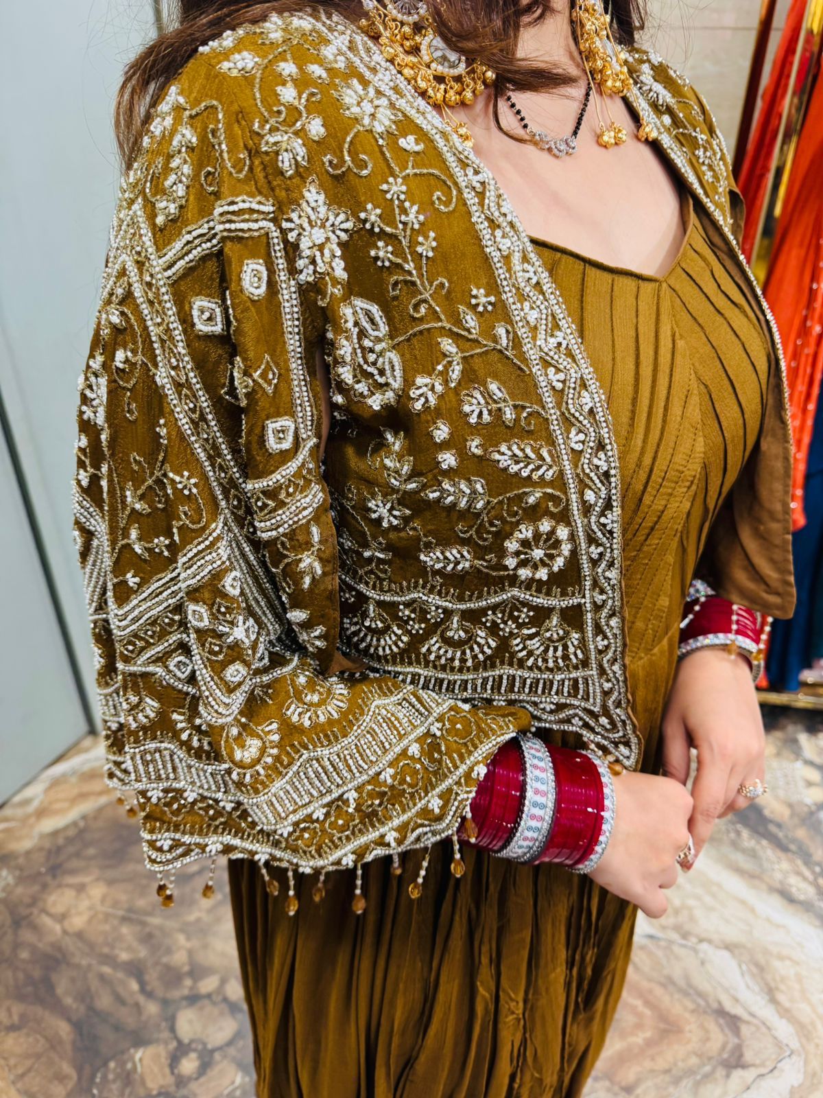 Antique Mustard Anarkali with Embroidered Jacket