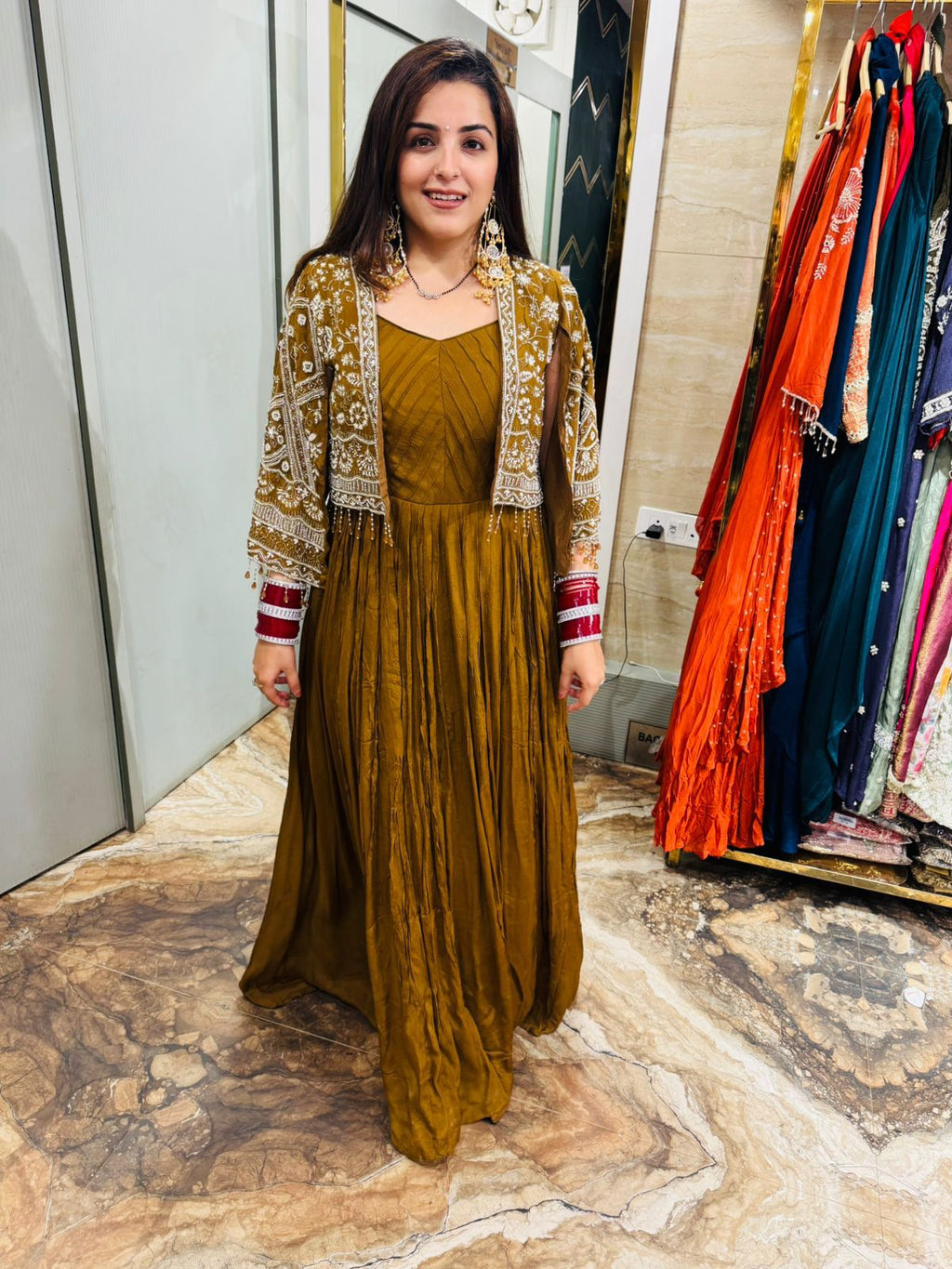 Antique Mustard Anarkali with Embroidered Jacket