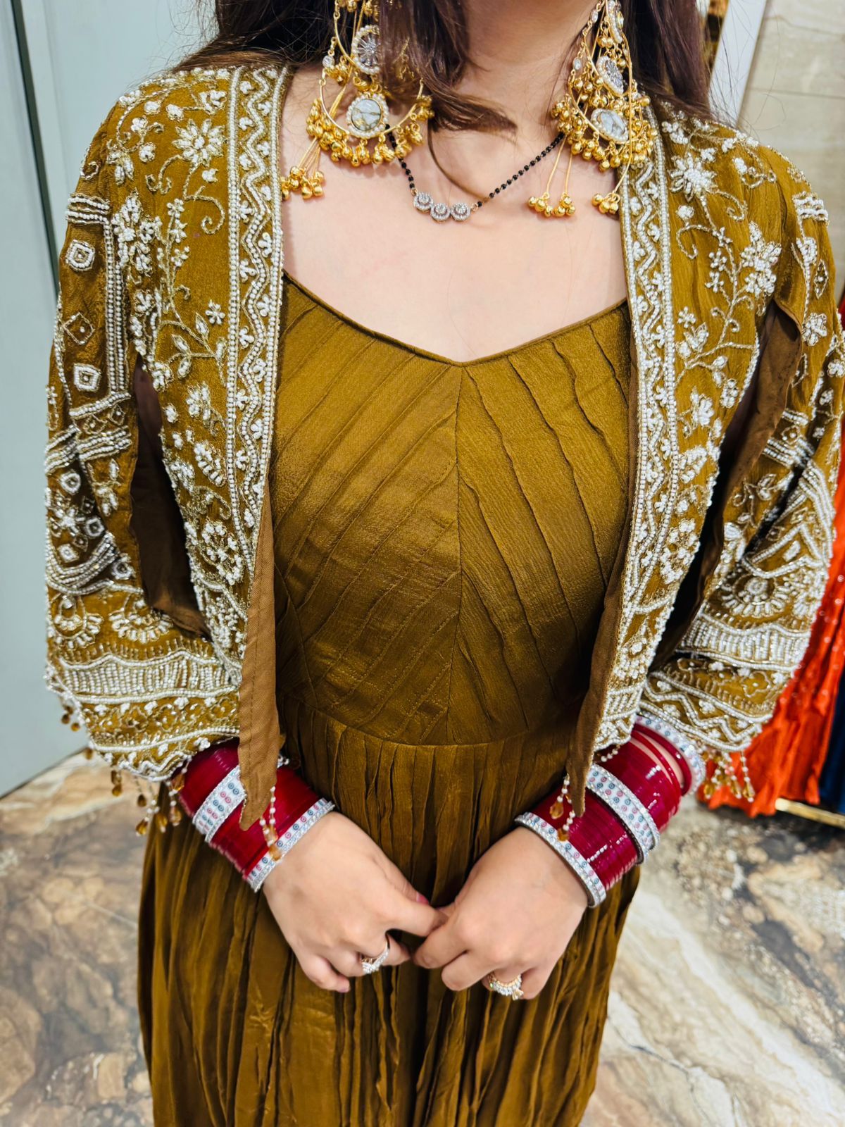 Antique Mustard Anarkali with Embroidered Jacket