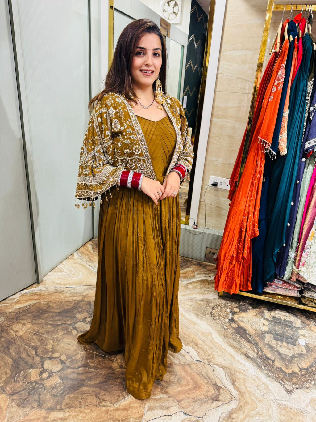 Antique Mustard Anarkali with Embroidered Jacket