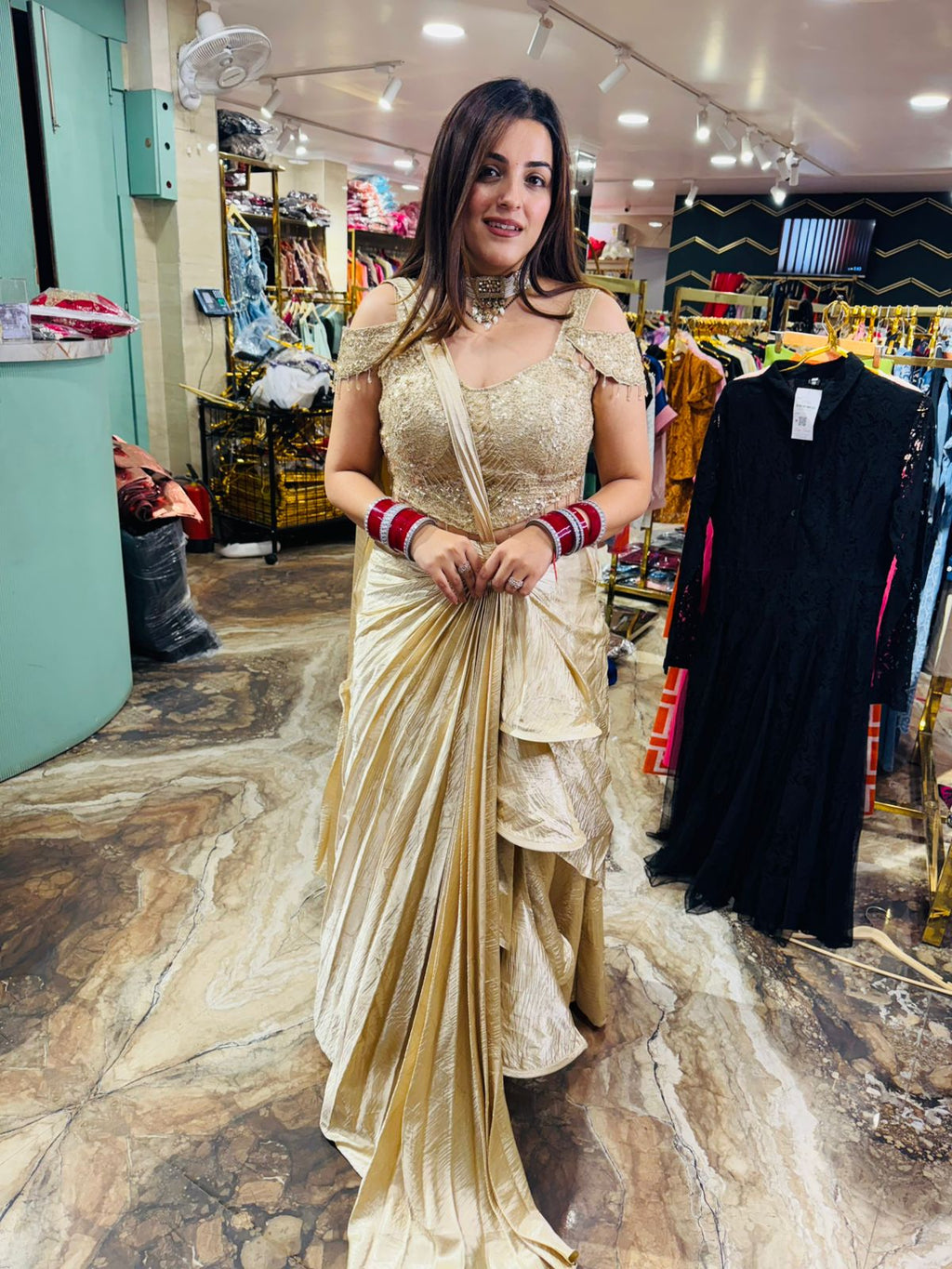 Golden Radiance Ruffle Skirt Gown