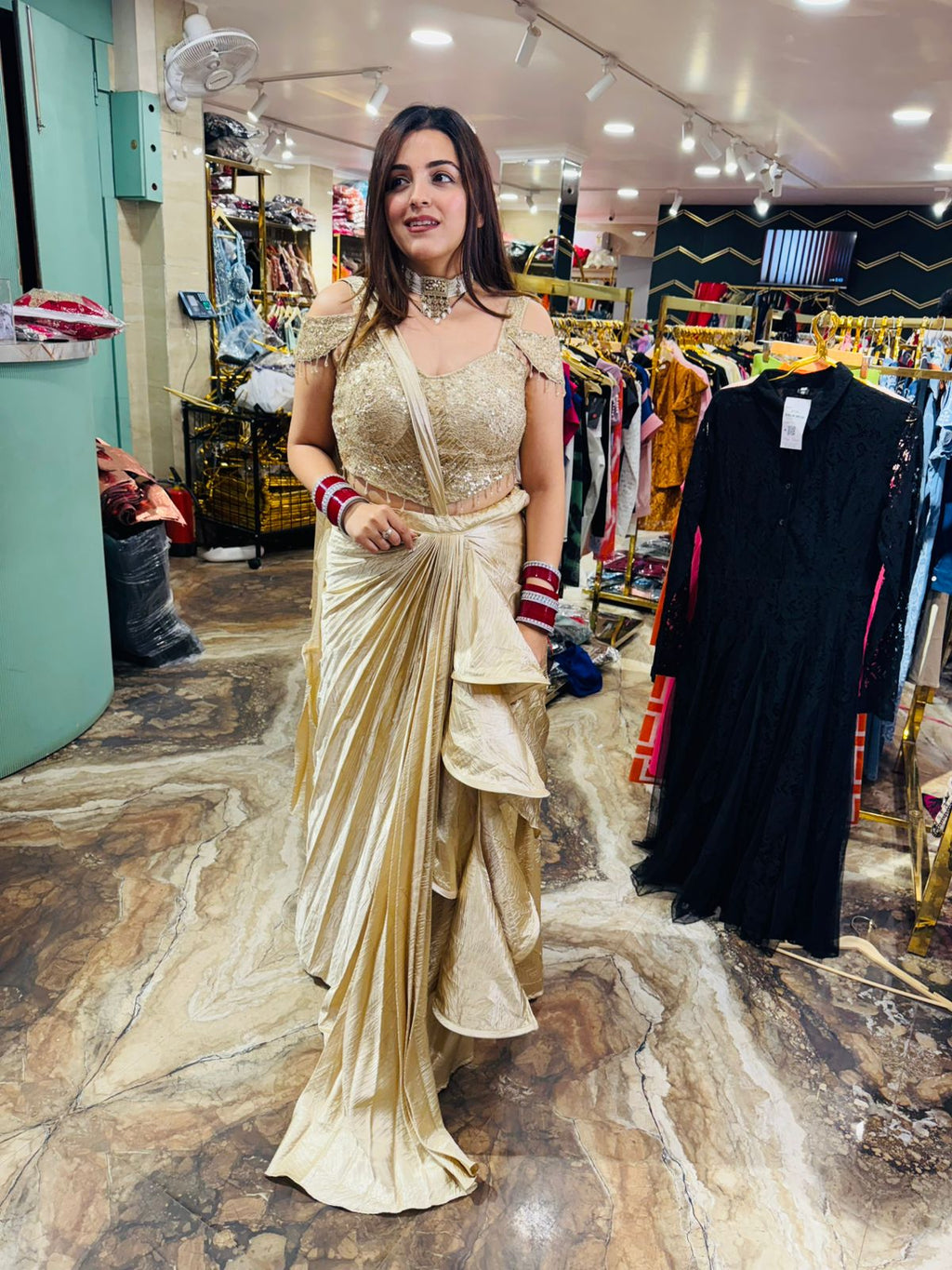 Golden Radiance Ruffle Skirt Gown