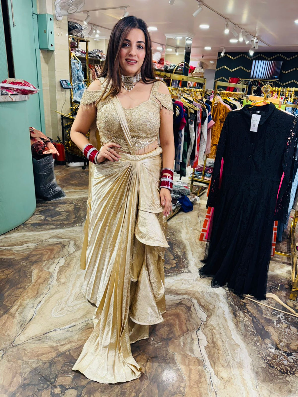 Golden Radiance Ruffle Skirt Gown