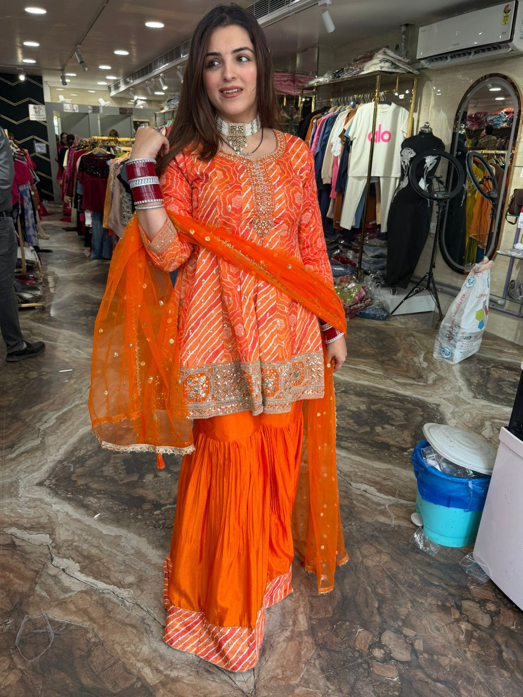 Zesty Orange Bandhej Sharara Set