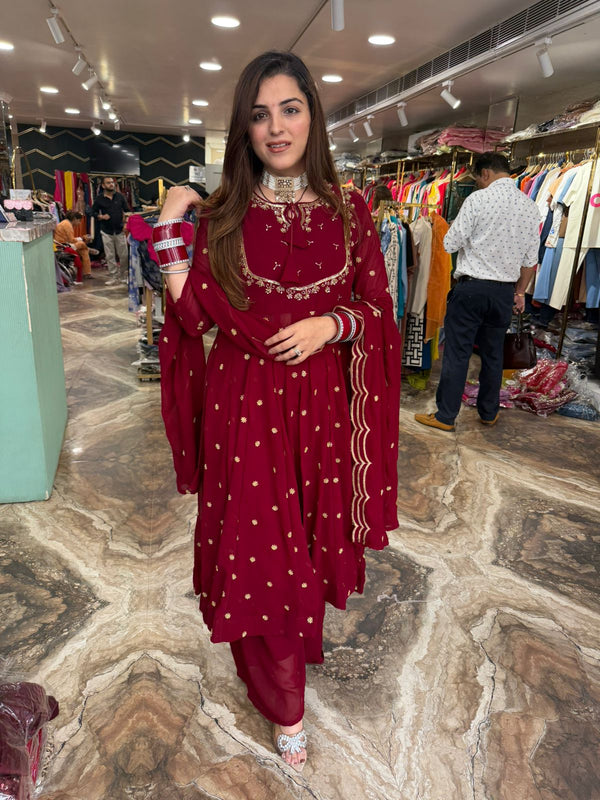 Maroon Gold Embroidered Anarkali Suit