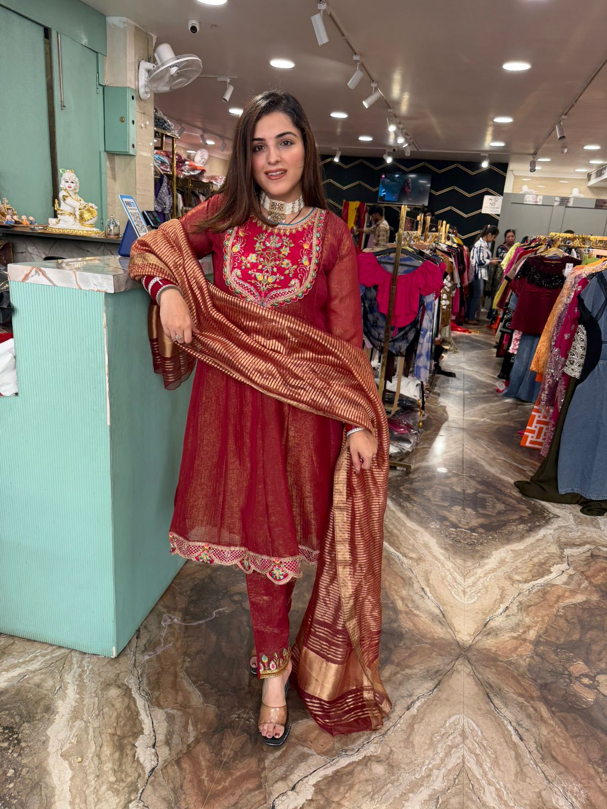 Maroon Multicolour Embroidered Straight Suit with Banarasi Dupatta