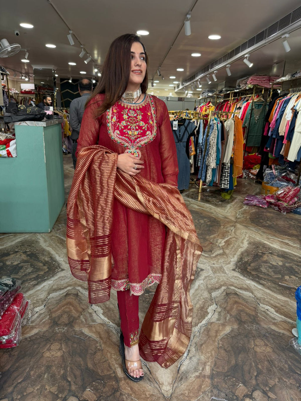 Maroon Multicolour Embroidered Straight Suit with Banarasi Dupatta