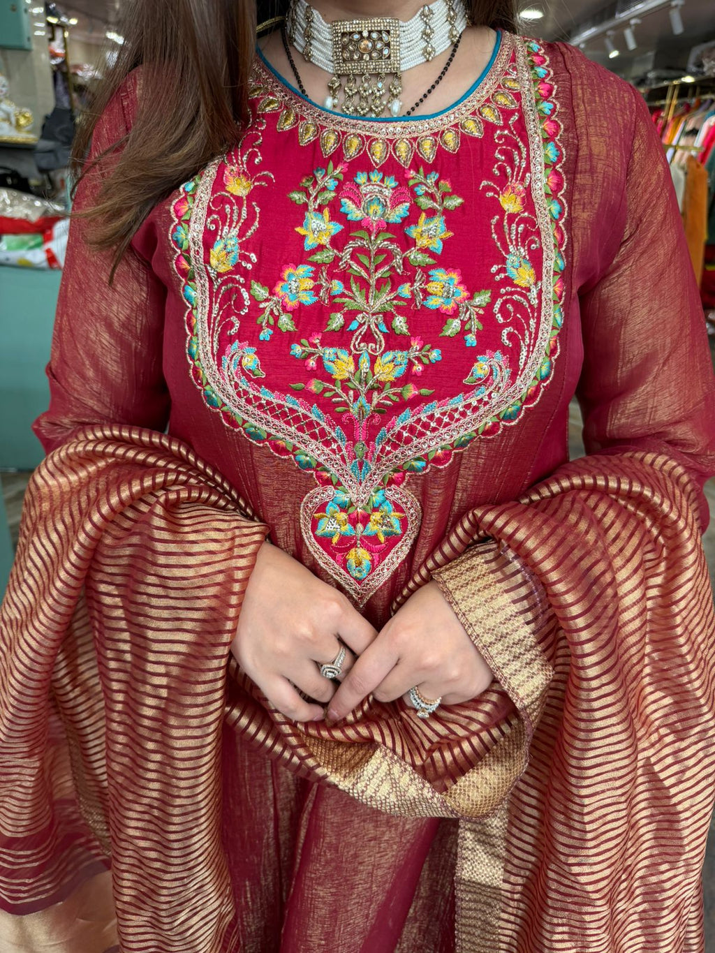 Maroon Multicolour Embroidered Straight Suit with Banarasi Dupatta