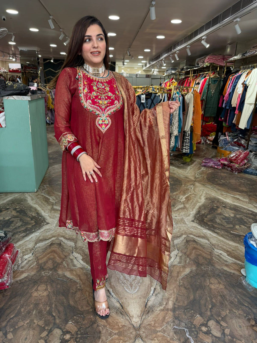 Maroon Multicolour Embroidered Straight Suit with Banarasi Dupatta
