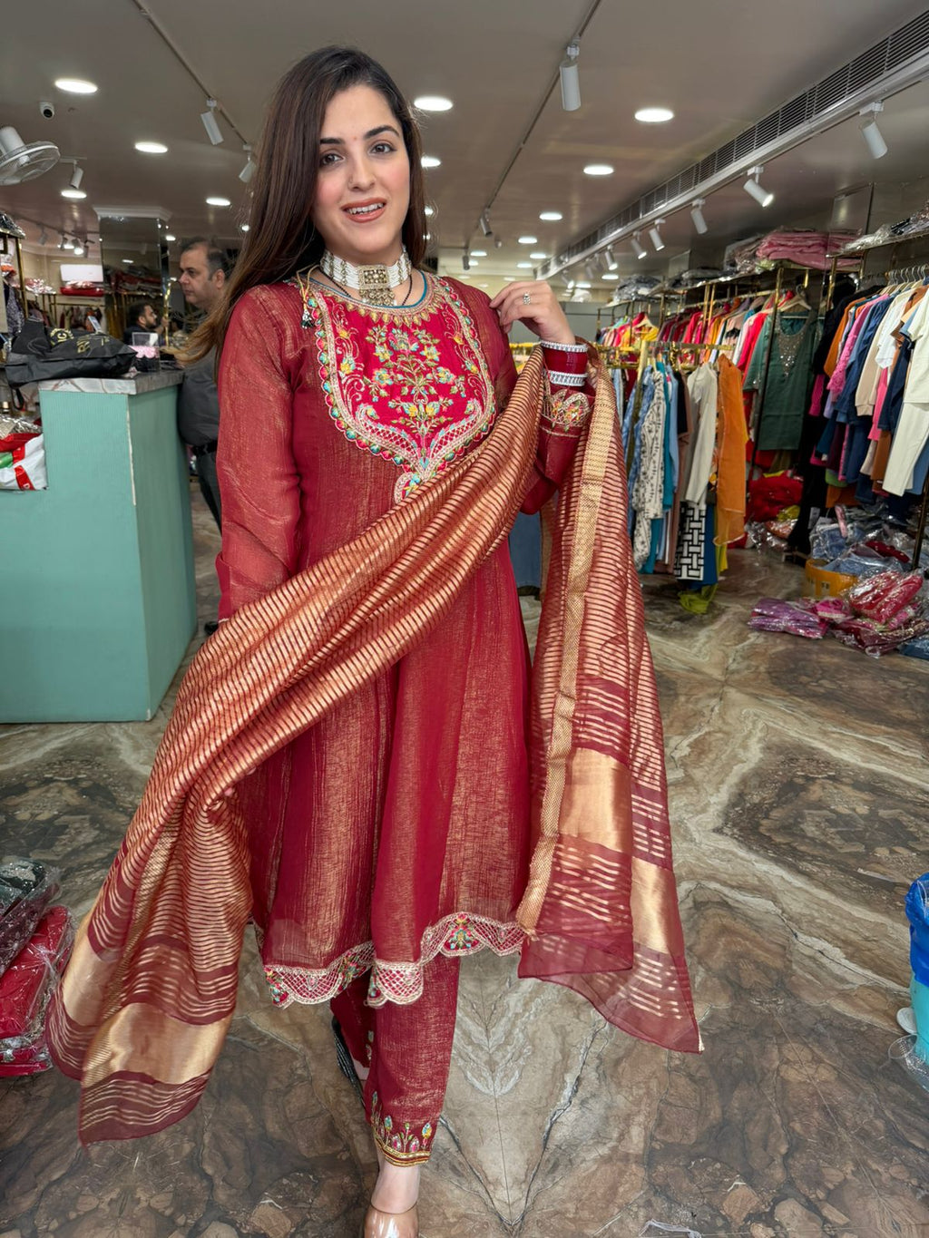 Maroon Multicolour Embroidered Straight Suit with Banarasi Dupatta