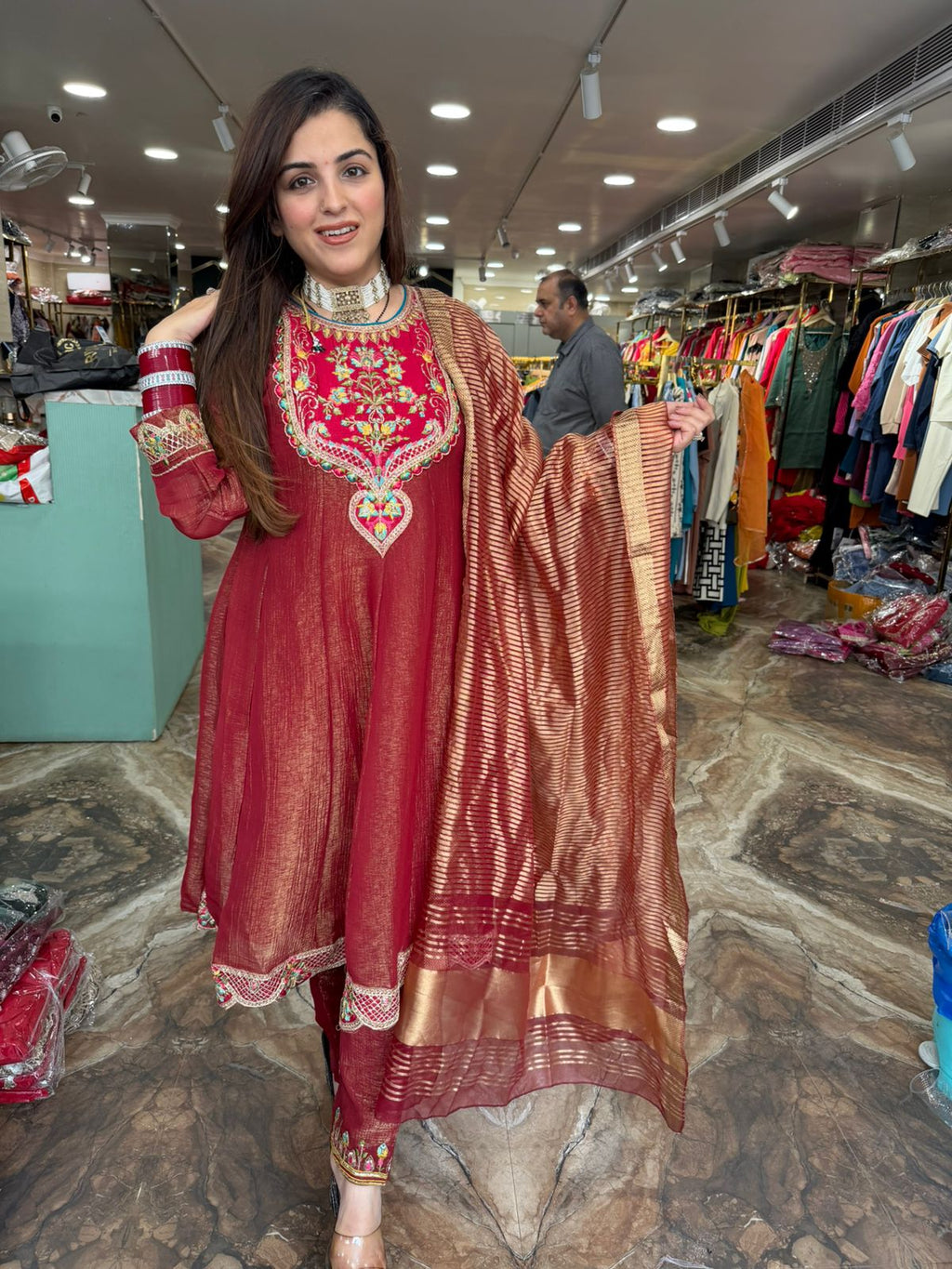 Maroon Multicolour Embroidered Straight Suit with Banarasi Dupatta
