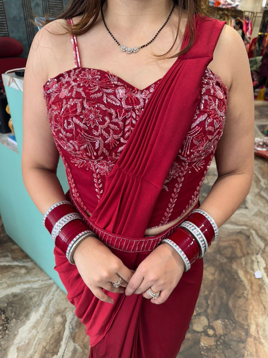 Scarlet  Embroidered Draped Saree