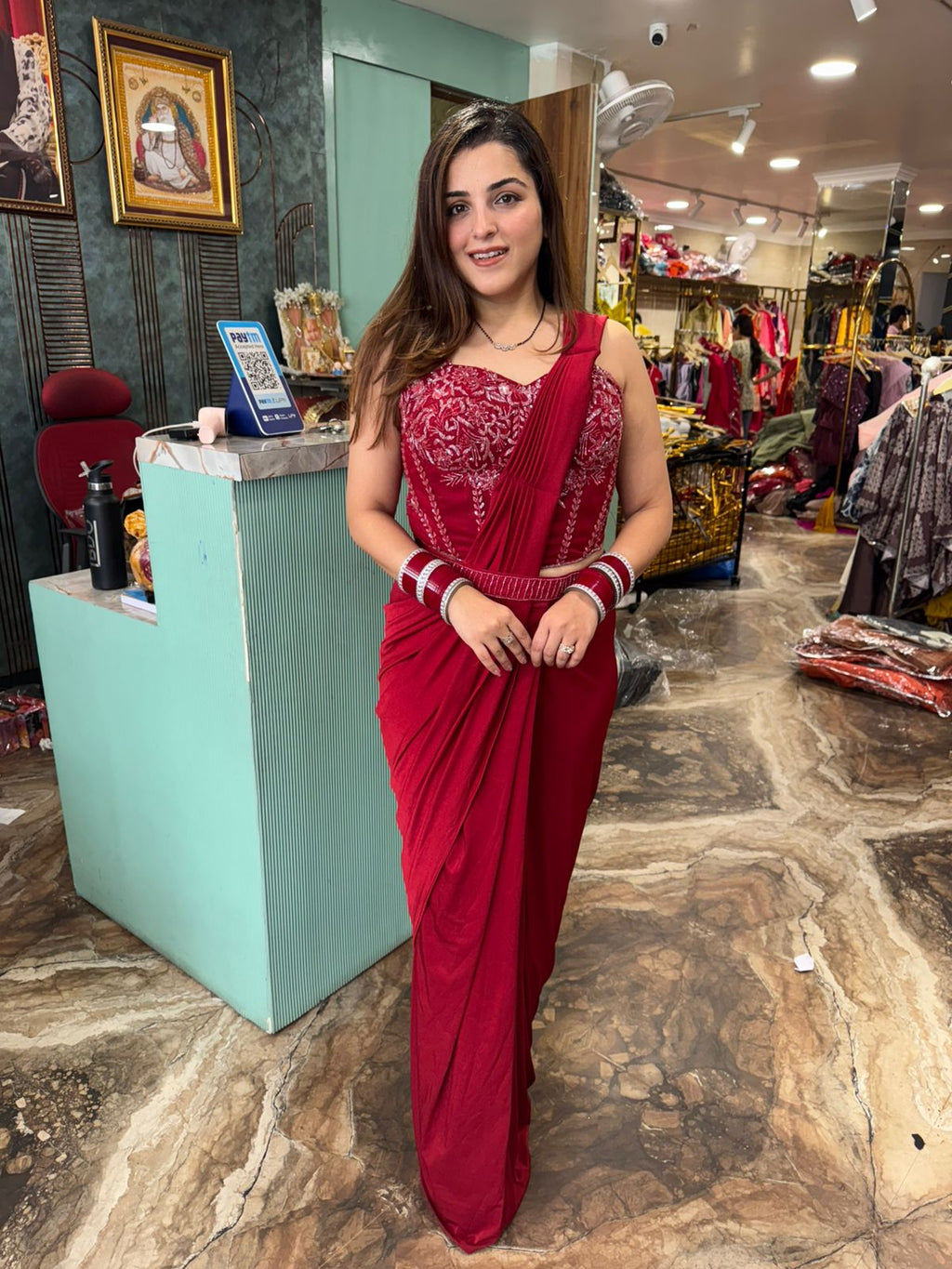 Scarlet  Embroidered Draped Saree