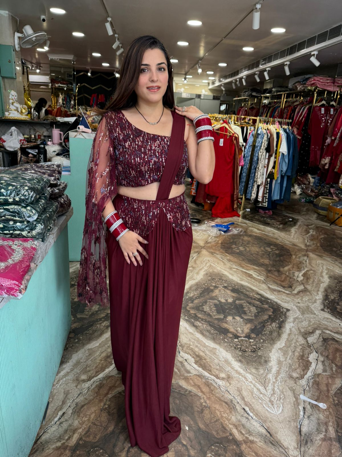 Sequin Draped Saree Gown