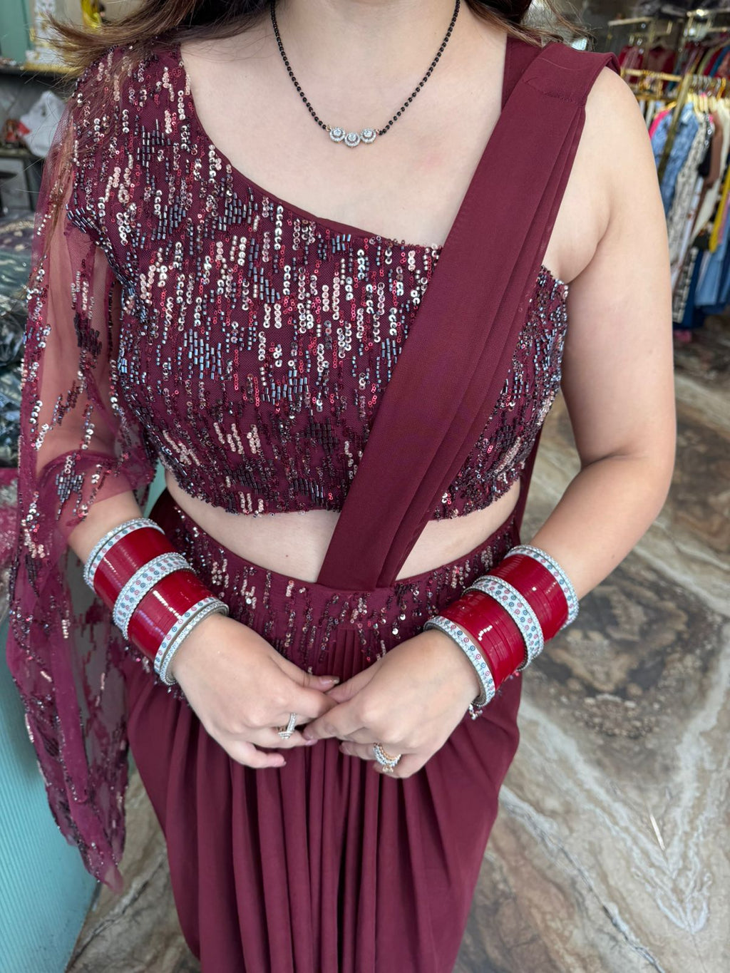 Sequin Draped Saree Gown