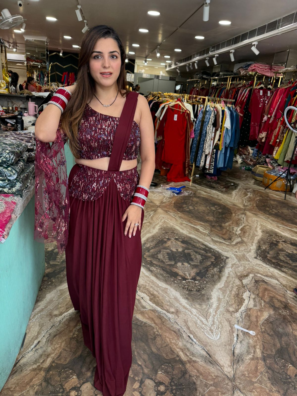 Sequin Draped Saree Gown