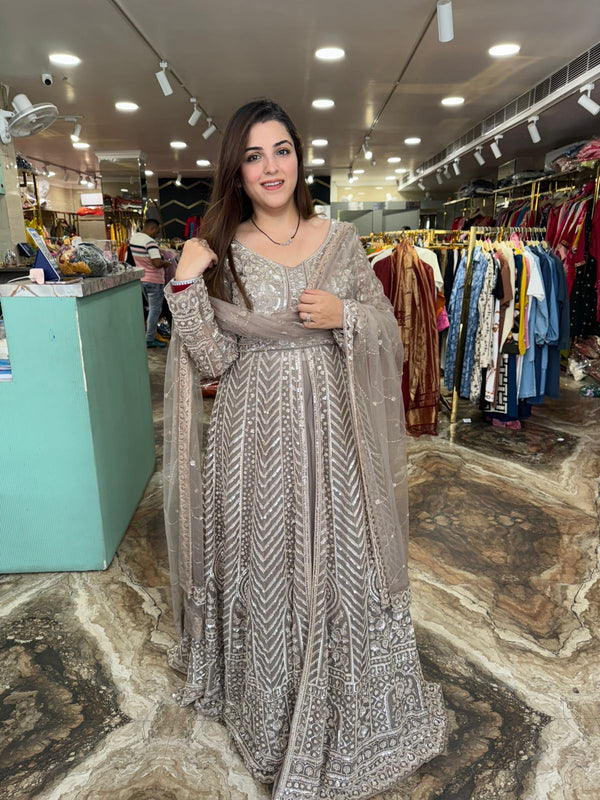 Taupe Elegance Embroidered Gown Set