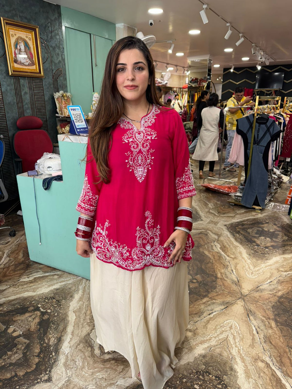 Rani Pink Chikankari Short Kurta with Flared Palazzo