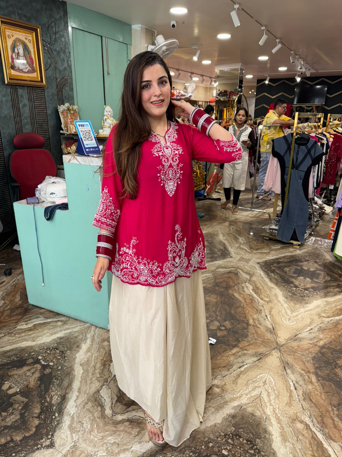 Rani Pink Chikankari Short Kurta with Flared Palazzo