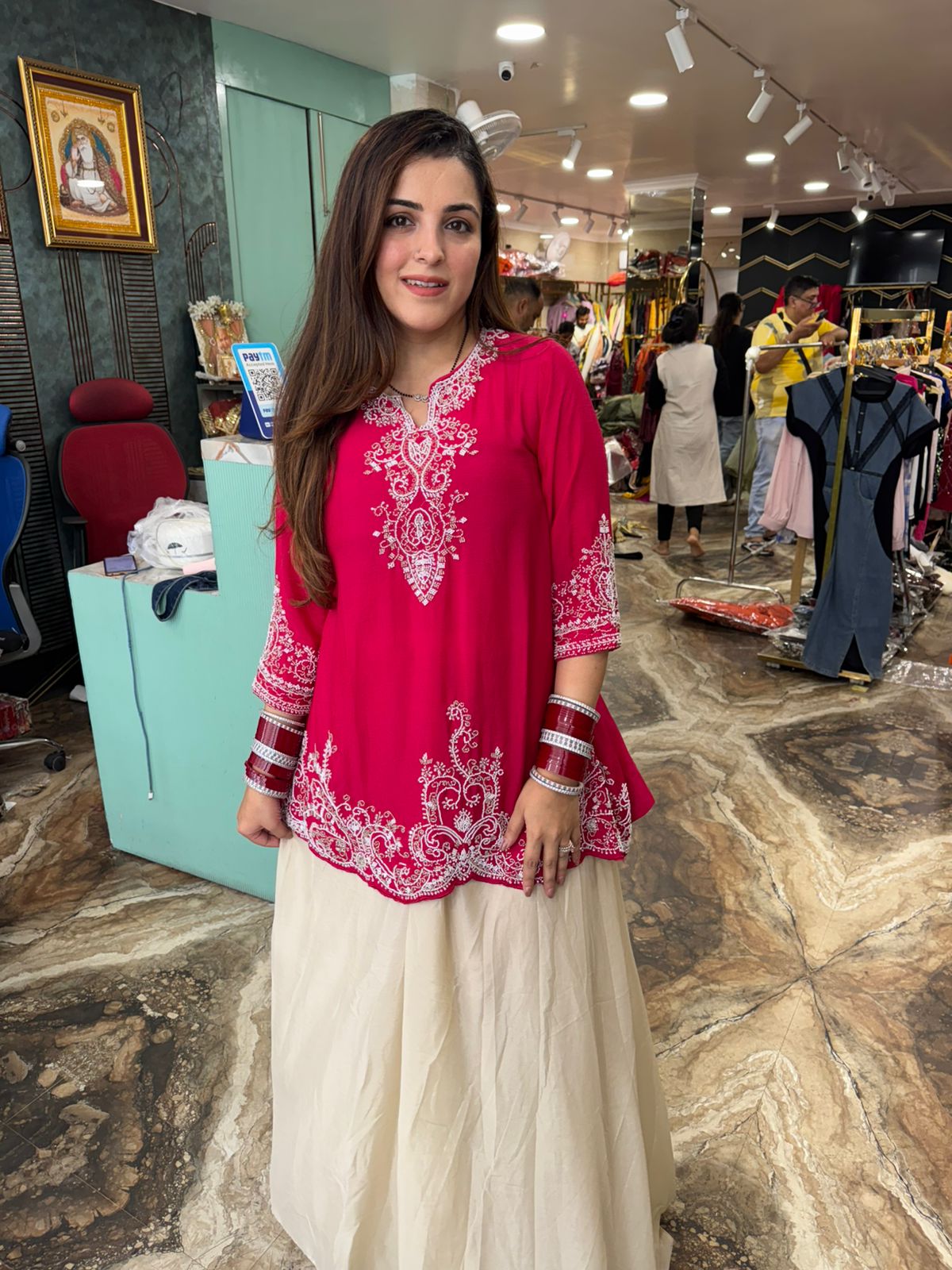 Rani Pink Chikankari Short Kurta with Flared Palazzo