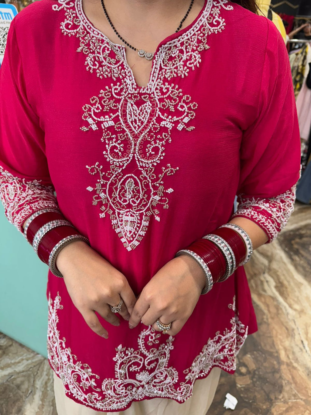 Rani Pink Chikankari Short Kurta with Flared Palazzo