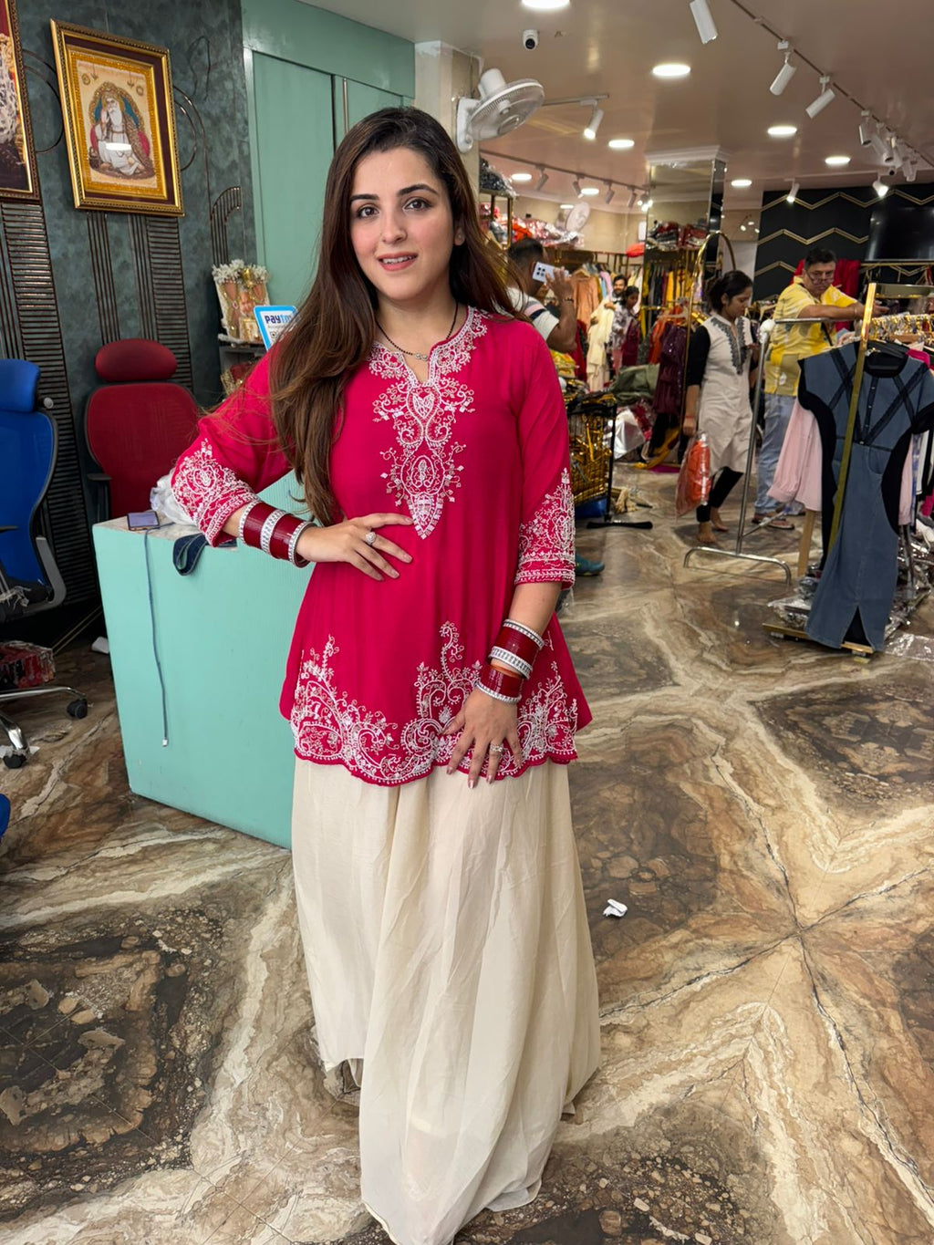 Rani Pink Chikankari Short Kurta with Flared Palazzo