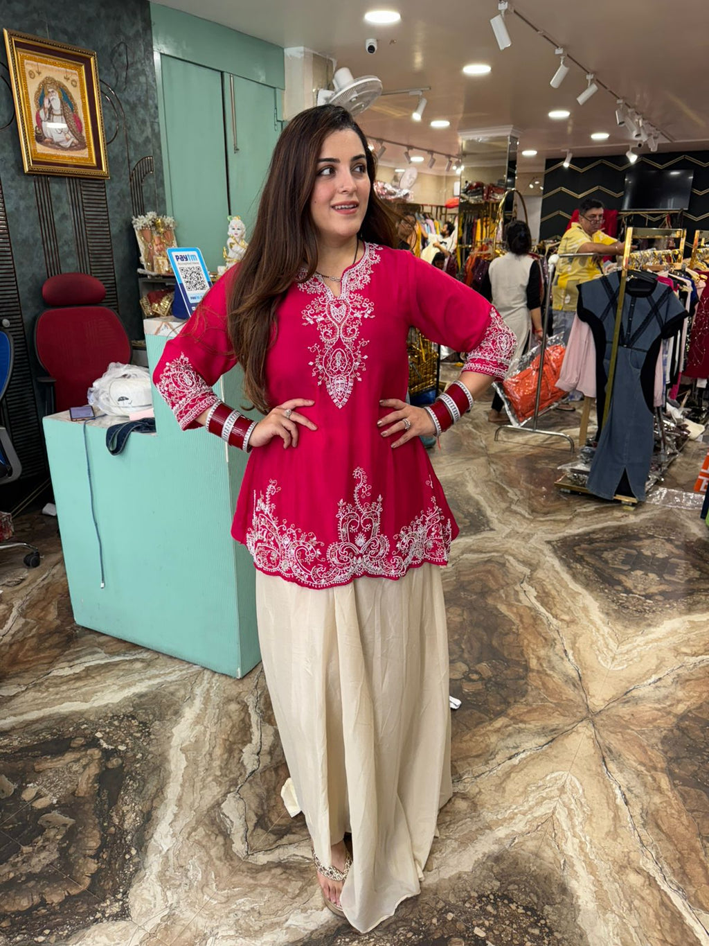 Rani Pink Chikankari Short Kurta with Flared Palazzo