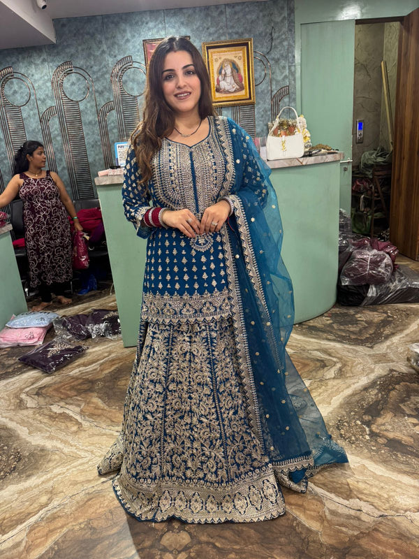 Teal Majesty Embroidered Kurti Skirt Set