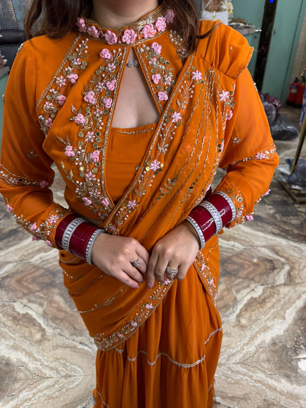 Scarlet Bloom Hand-Embroidered Skirt Gown Set