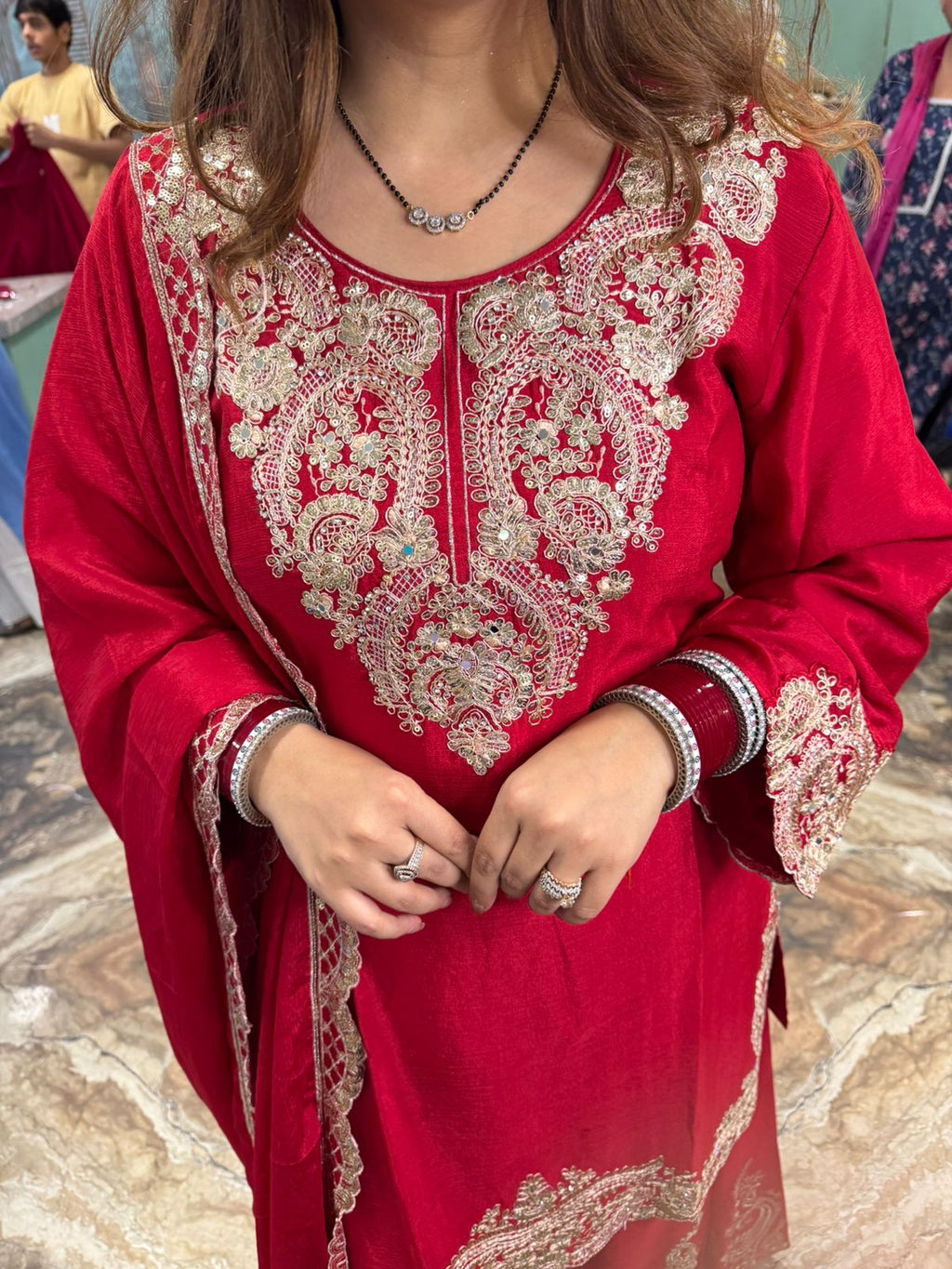 Red Embroidered Sharara Suit Set