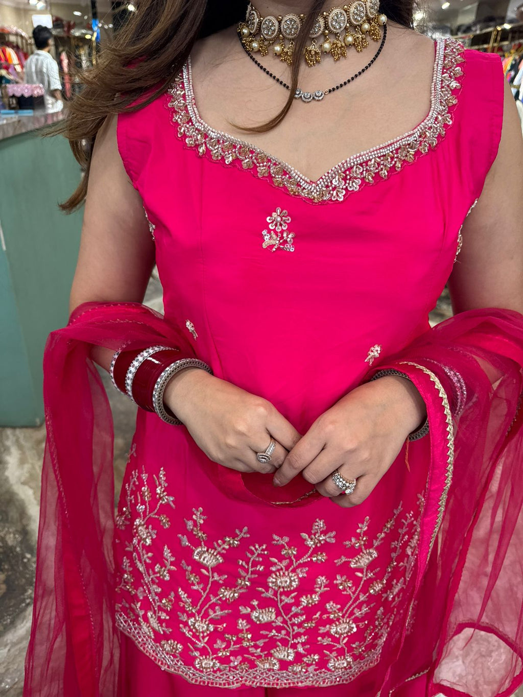 Fuchsia Bloom Embroidered Palazzo Suit