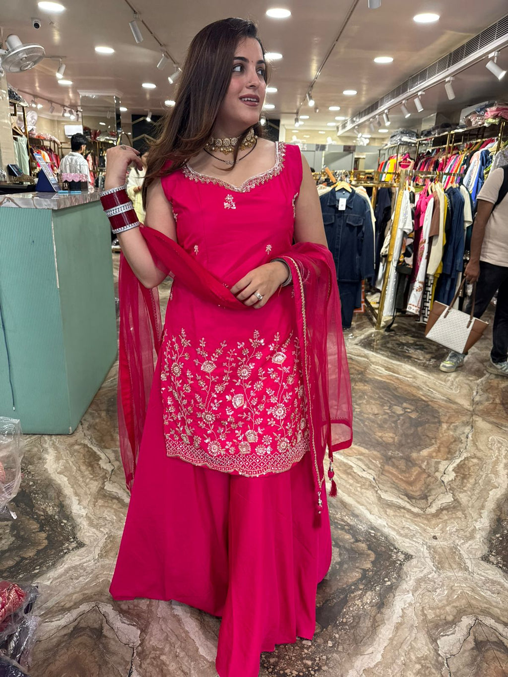 Fuchsia Bloom Embroidered Palazzo Suit