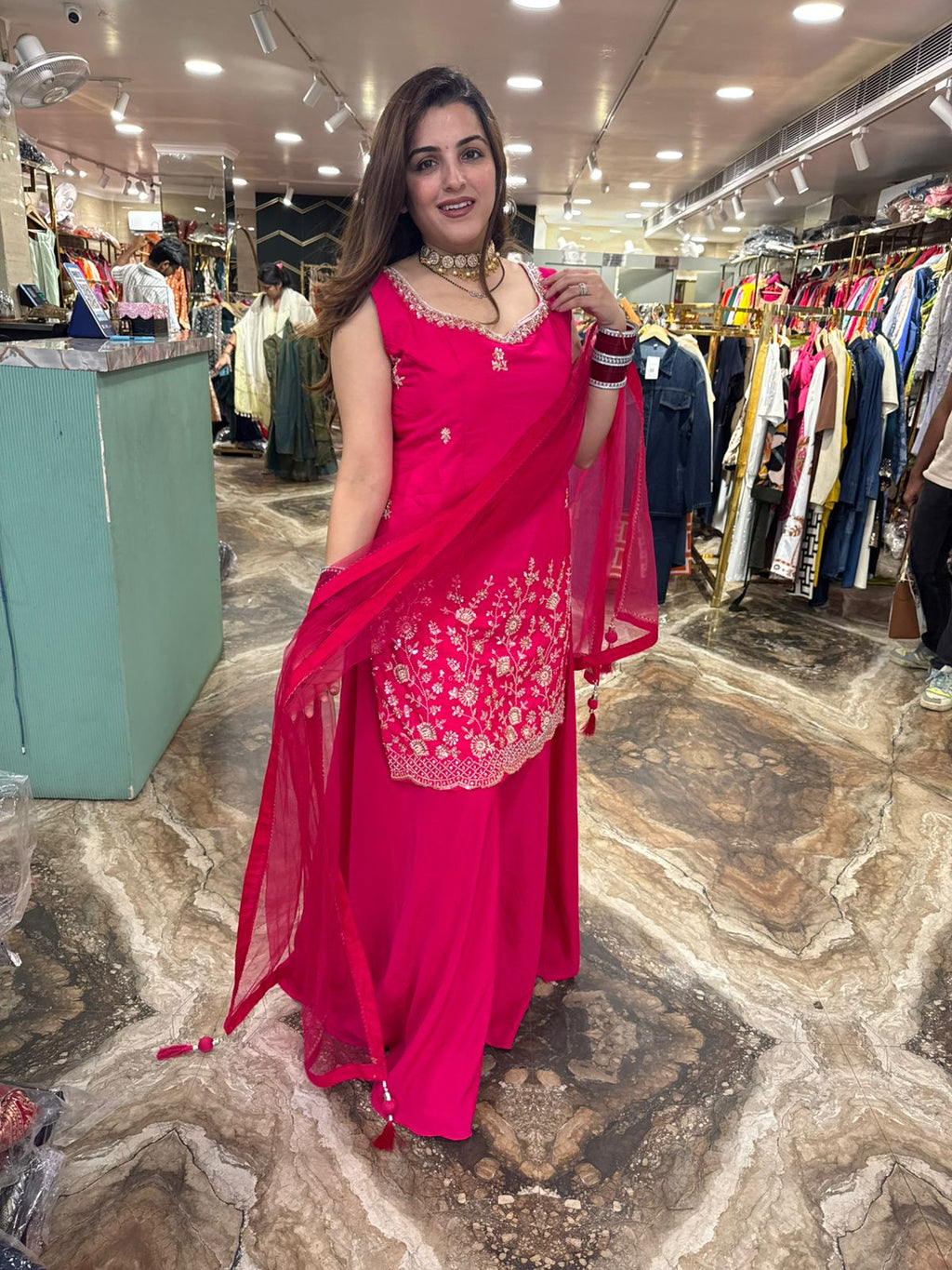 Fuchsia Bloom Embroidered Palazzo Suit
