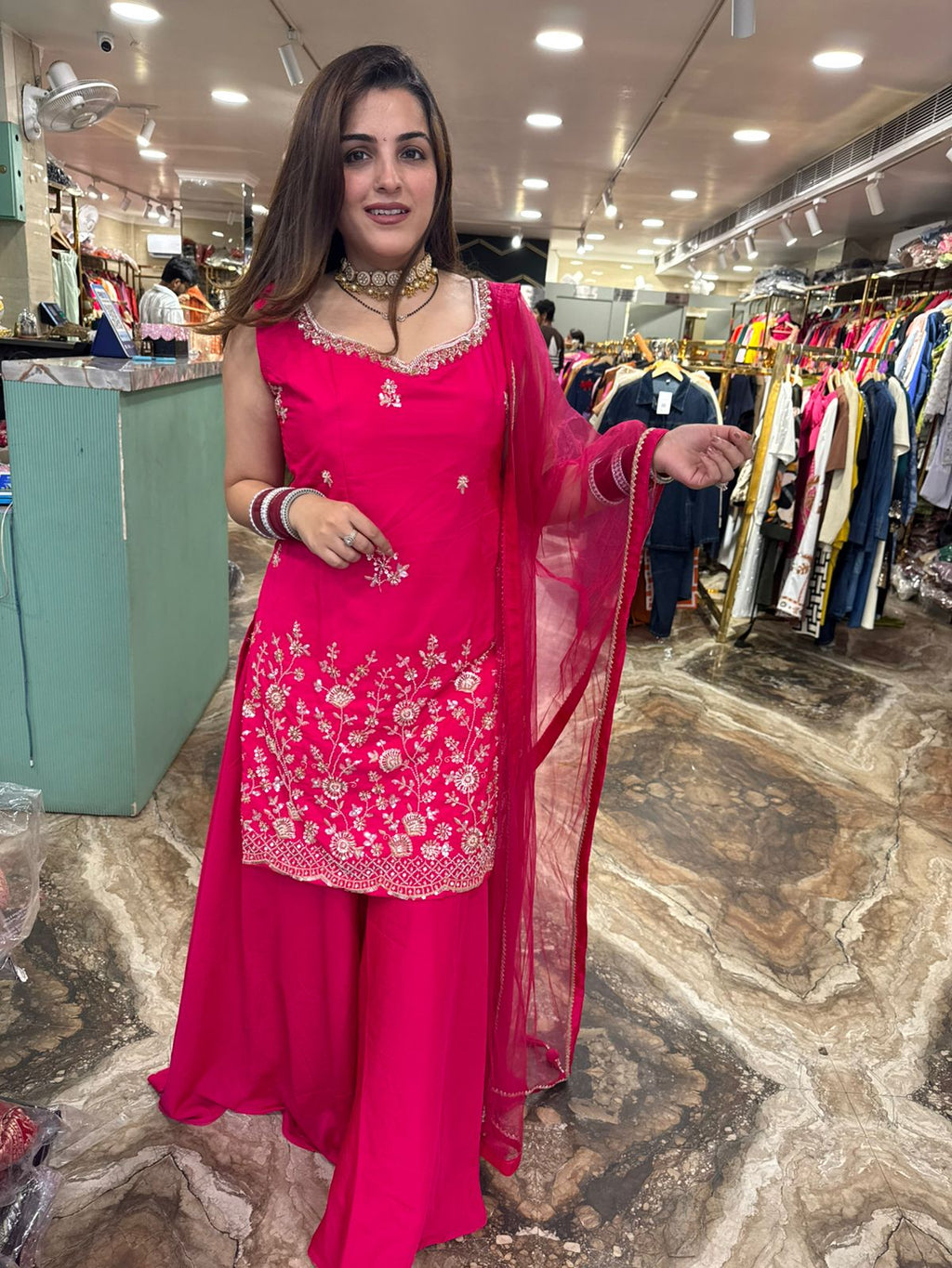 Fuchsia Bloom Embroidered Palazzo Suit