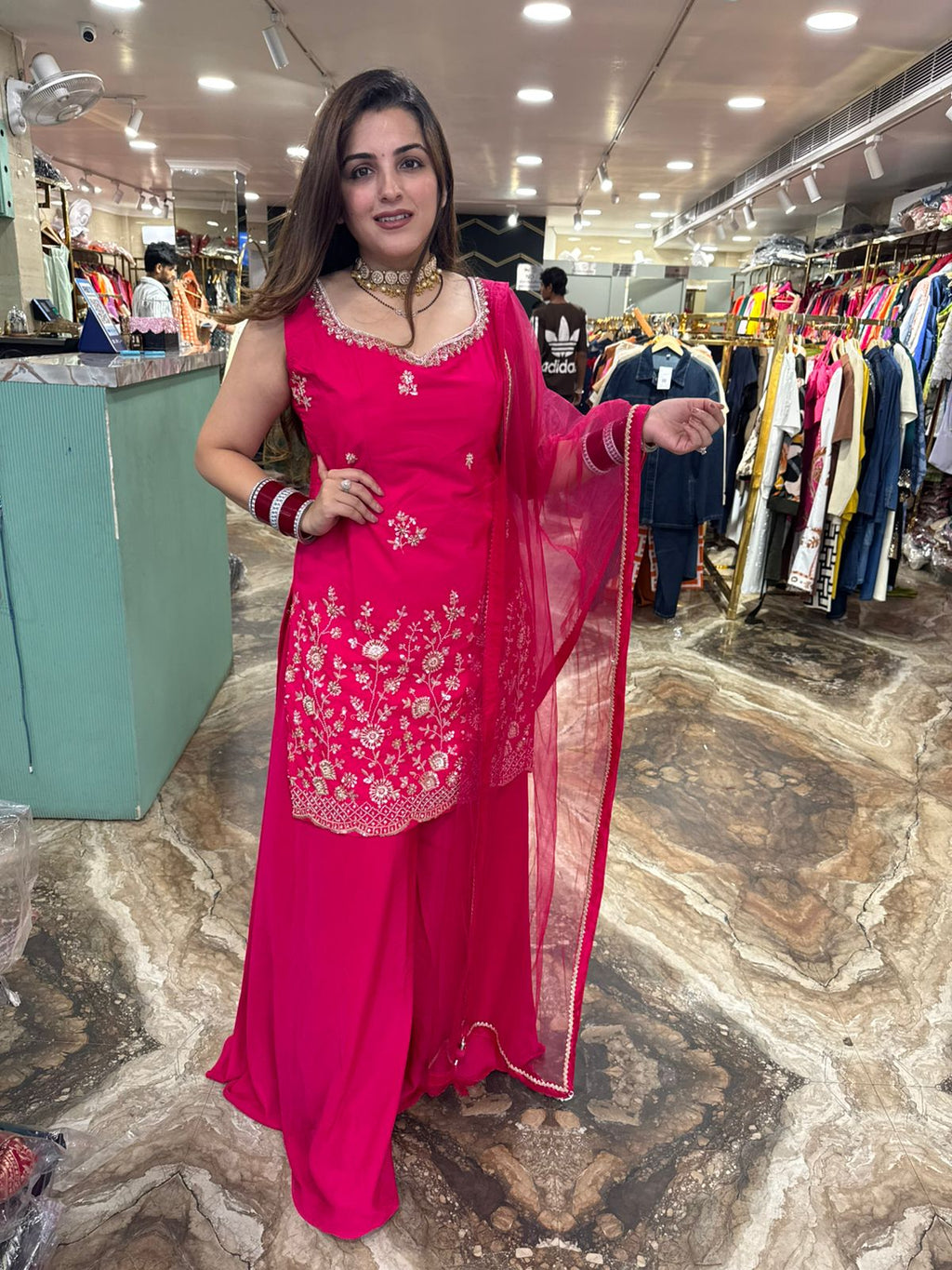 Fuchsia Bloom Embroidered Palazzo Suit