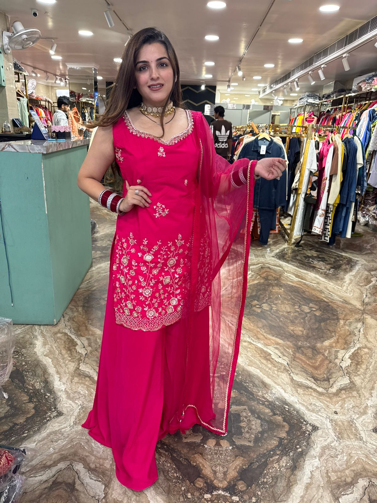 Fuchsia Bloom Embroidered Palazzo Suit