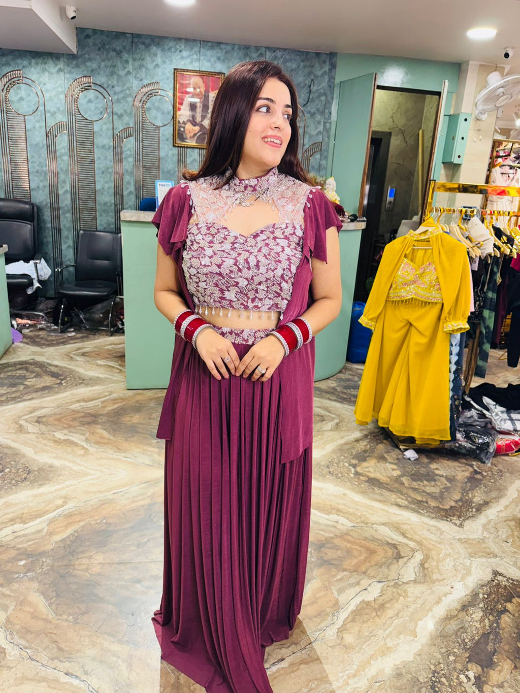 Plum Luxe Draped Gown Set